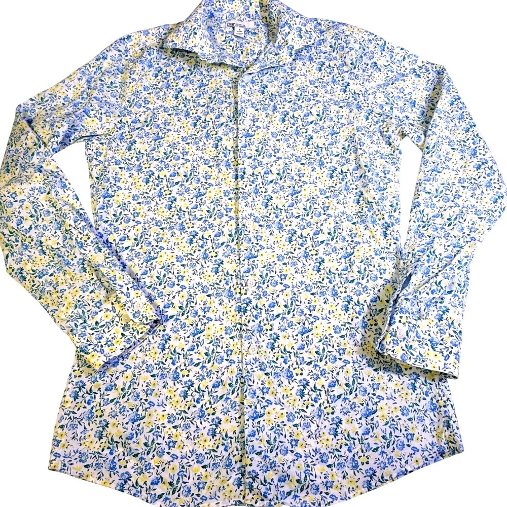 Bar III Button Down Shirt Small S Blue Yellow Floral Slim Fit Organic Cotton